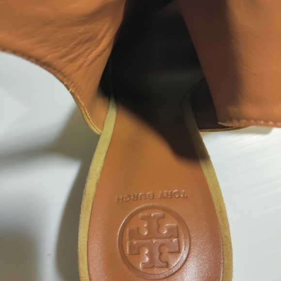 Tory Burch Tan Suede Leather Open Peep Toe Wood Wedge Slingback Heels Sandals 7 - Picture 2 of 5